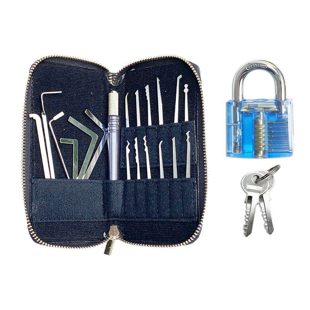 18 Piece Lock Pick Set Secured in Protective Wallet with Practice Lock and Keys