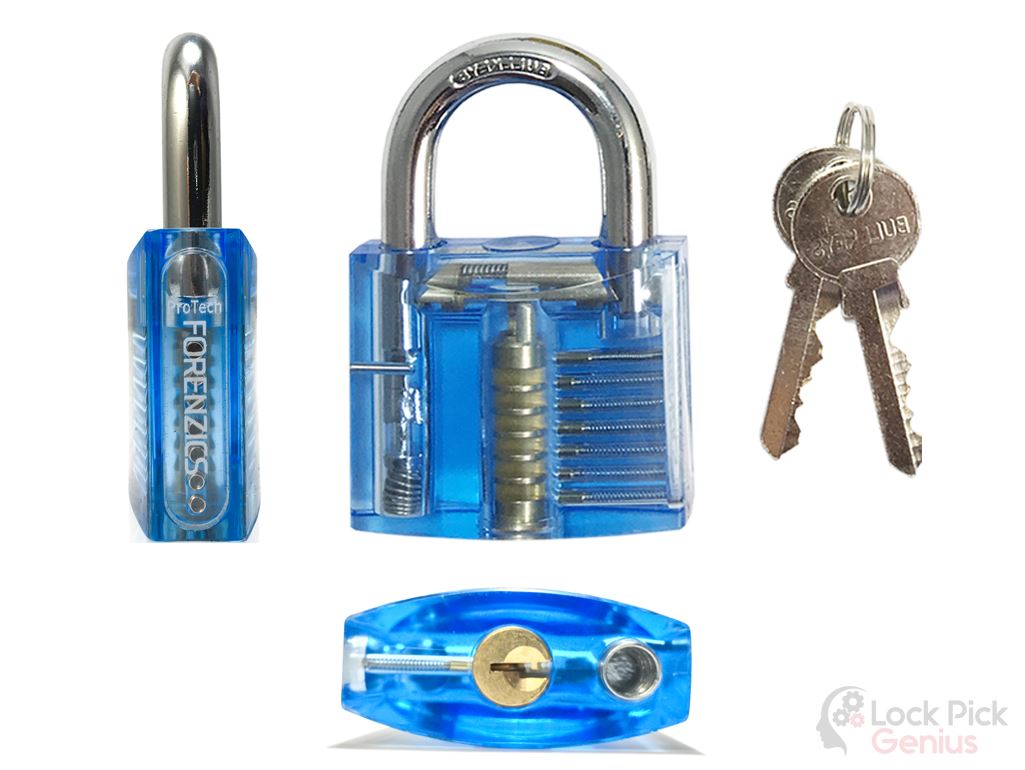 All Round View of Transparent Blue Tumbler Practice Padlock and Keys