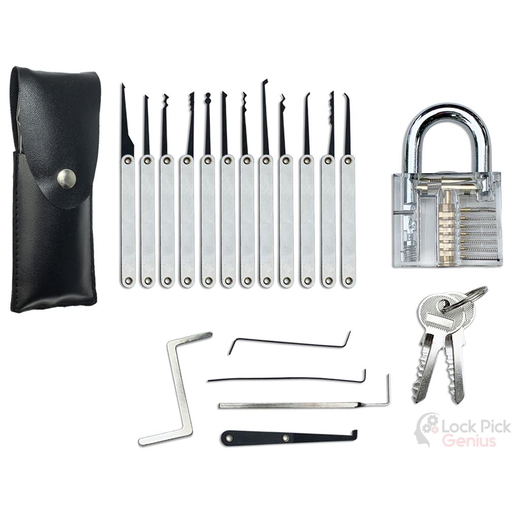 Lockpicking set with 17-piece lockpick bag and 4 practice locks