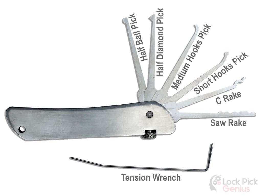 Descriptive Diagram of Jackknife Lock Pick Set with Tension Wrench
